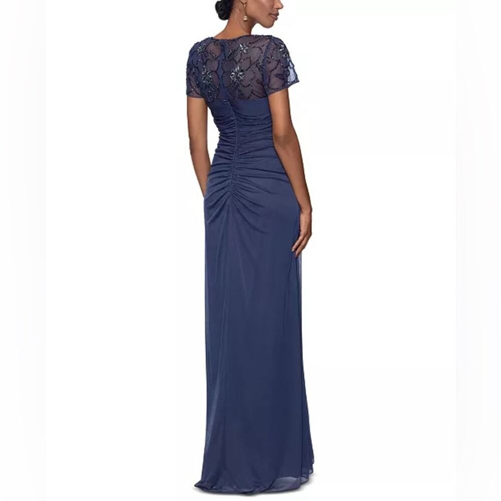 XSCAPE Beaded Illusion-Trim Side-Ruched Gown Charcoal Women’s NWT - Picture 7 of 14